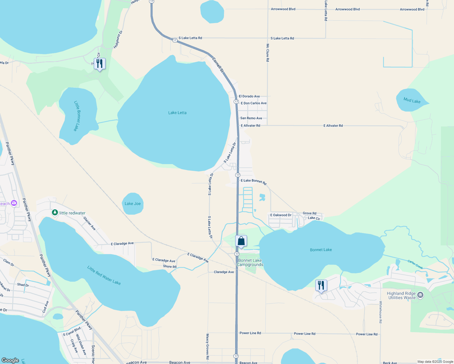 map of restaurants, bars, coffee shops, grocery stores, and more near 2544 Highway 17 in Avon Park