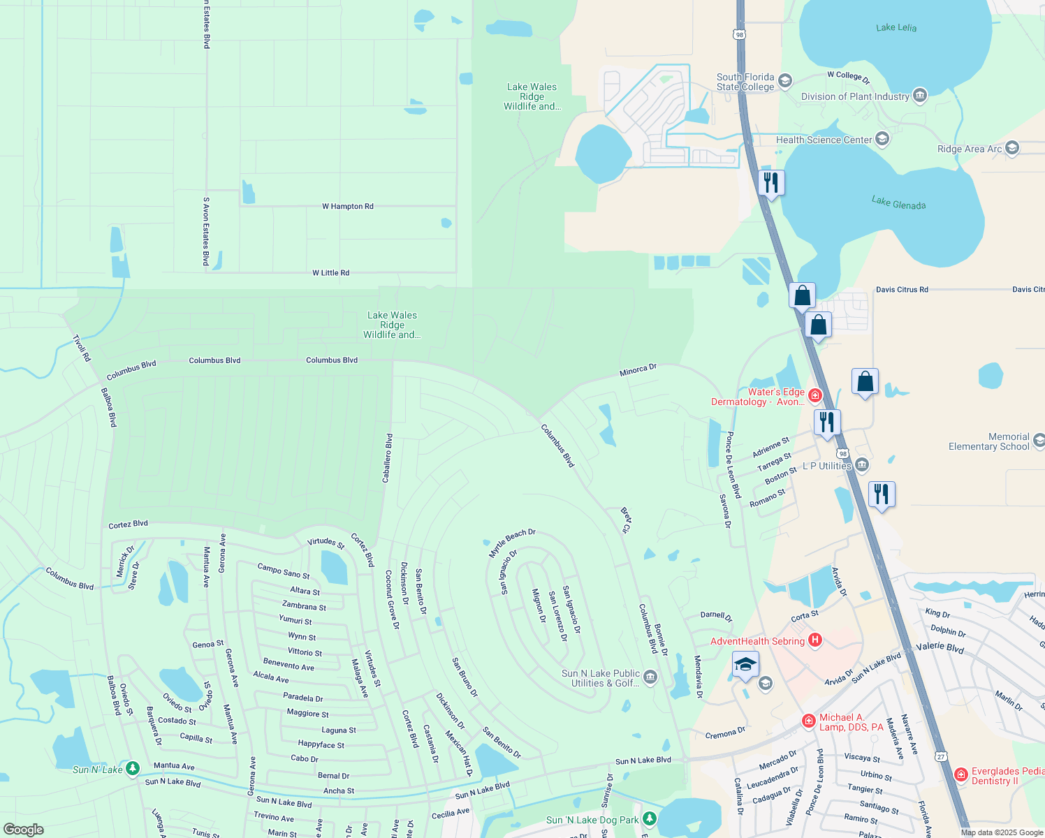 map of restaurants, bars, coffee shops, grocery stores, and more near 5933 Columbus Boulevard in Sebring