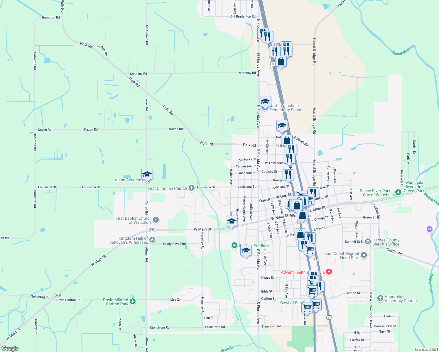 map of restaurants, bars, coffee shops, grocery stores, and more near 1004 Louisiana Street in Wauchula