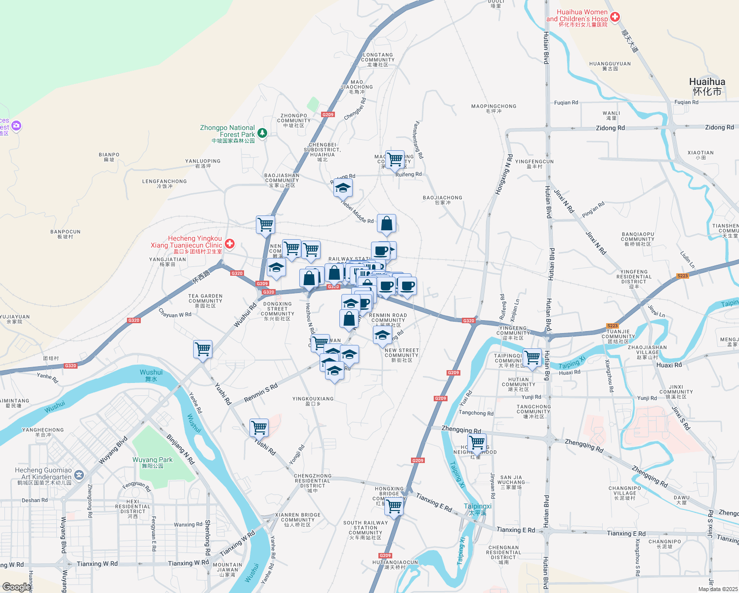 map of restaurants, bars, coffee shops, grocery stores, and more near Ying Feng Xi Lu in Huai Hua Shi