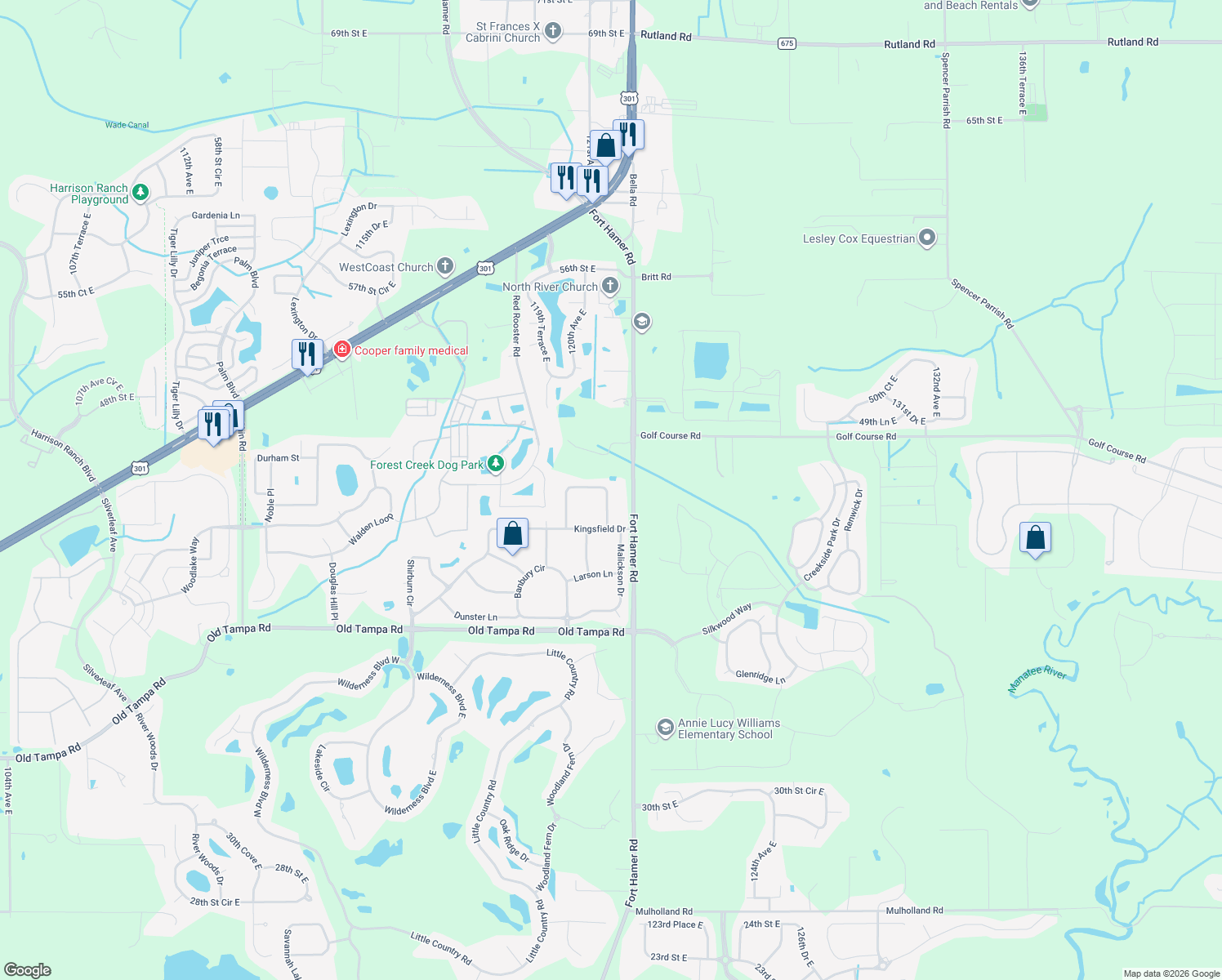 map of restaurants, bars, coffee shops, grocery stores, and more near 12131 Warwick Circle in Parrish