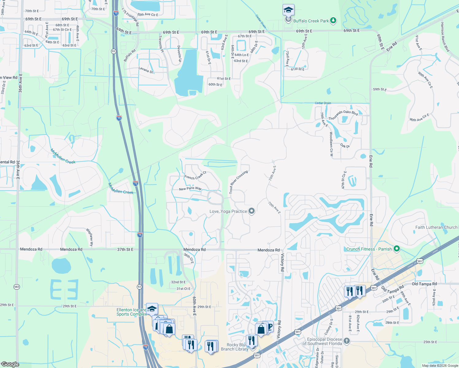 map of restaurants, bars, coffee shops, grocery stores, and more near 4607 Trout River Crossing in Ellenton