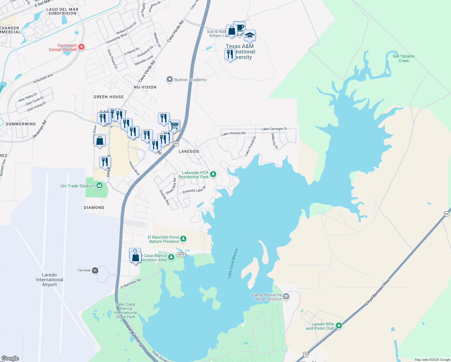 map of restaurants, bars, coffee shops, grocery stores, and more near 316 Lake Louise Ct in Laredo