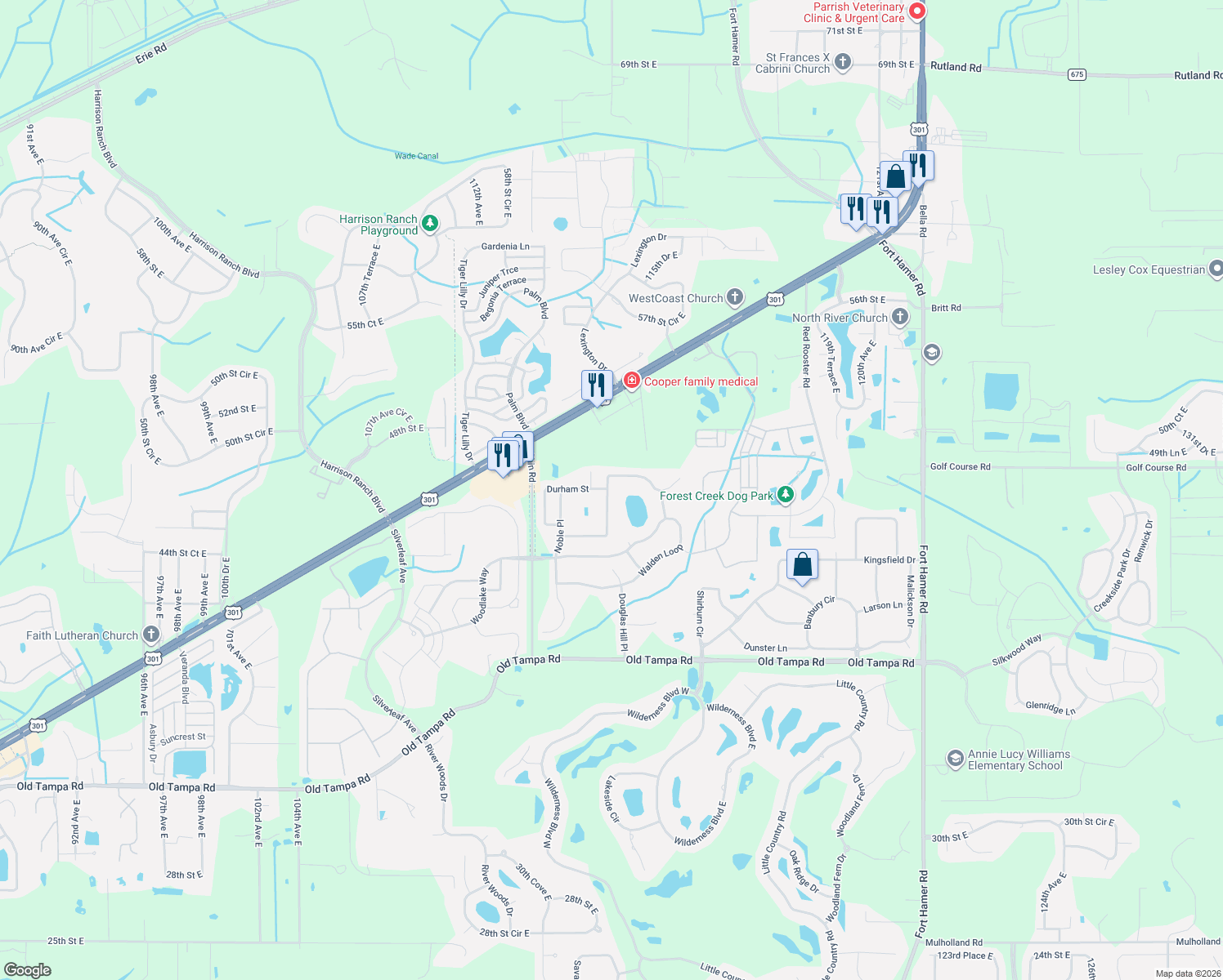 map of restaurants, bars, coffee shops, grocery stores, and more near 11485 Summit Rock Court in Parrish