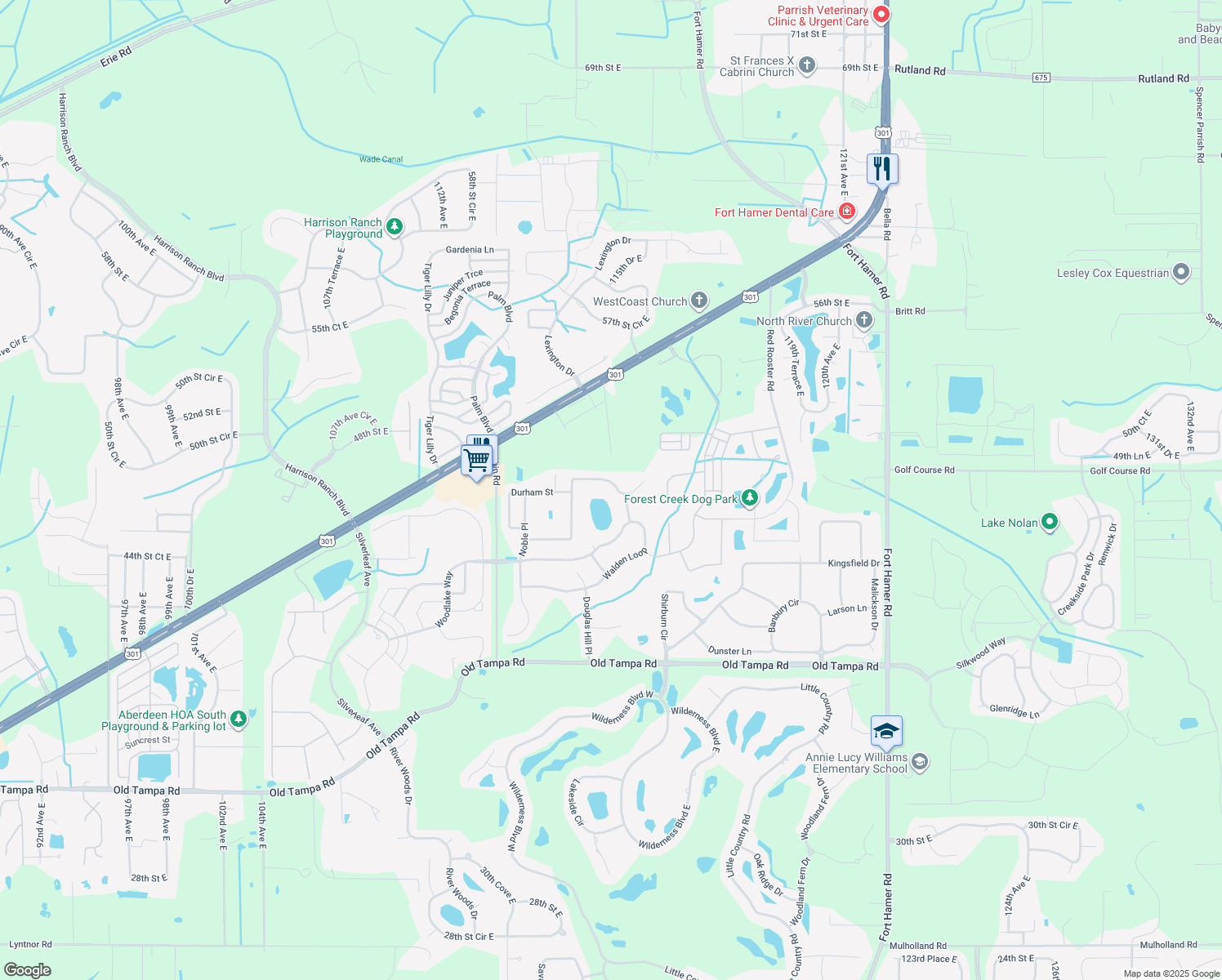 map of restaurants, bars, coffee shops, grocery stores, and more near 11543 Summit Rock Court in Parrish