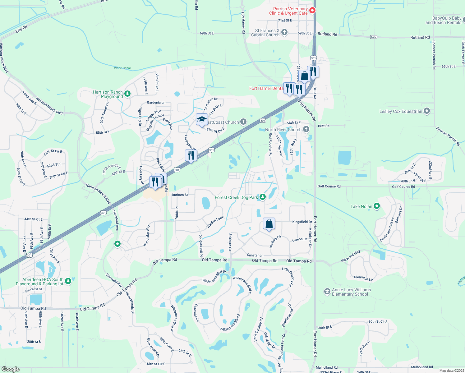 map of restaurants, bars, coffee shops, grocery stores, and more near 11646 Old Cypress Cove in Parrish