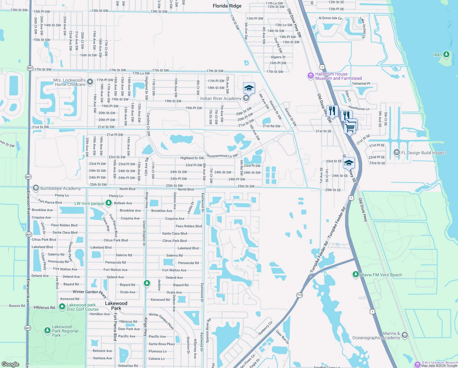 map of restaurants, bars, coffee shops, grocery stores, and more near 680 25th Street Southwest in Vero Beach