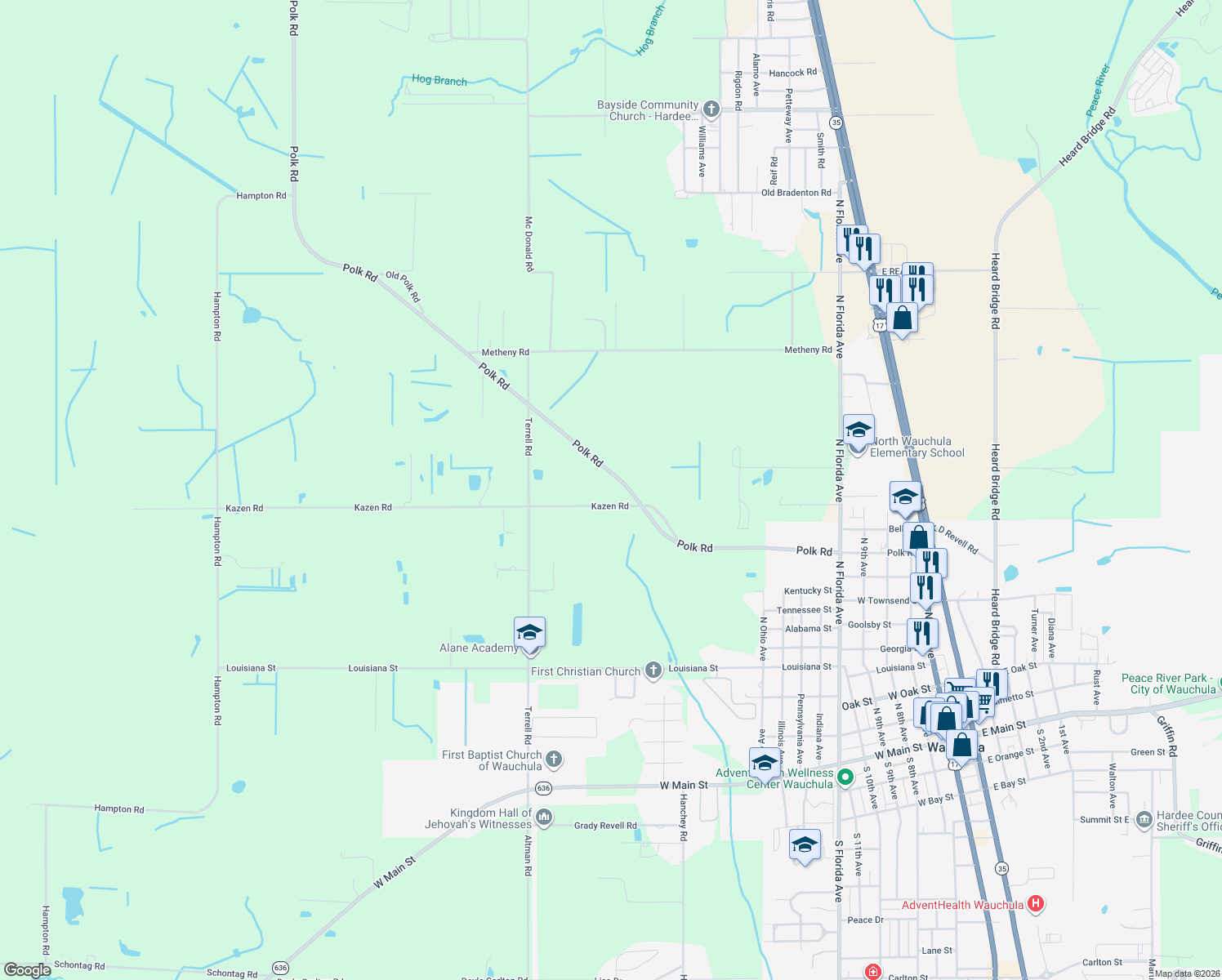 map of restaurants, bars, coffee shops, grocery stores, and more near 989 Polk Road in Wauchula