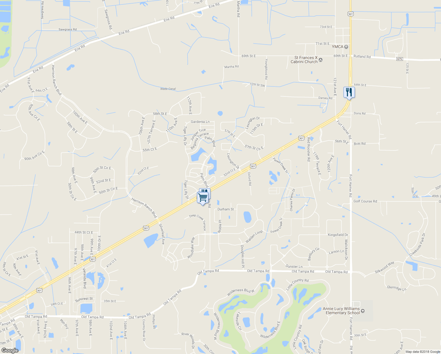 map of restaurants, bars, coffee shops, grocery stores, and more near 10805 52nd Court East in Parrish