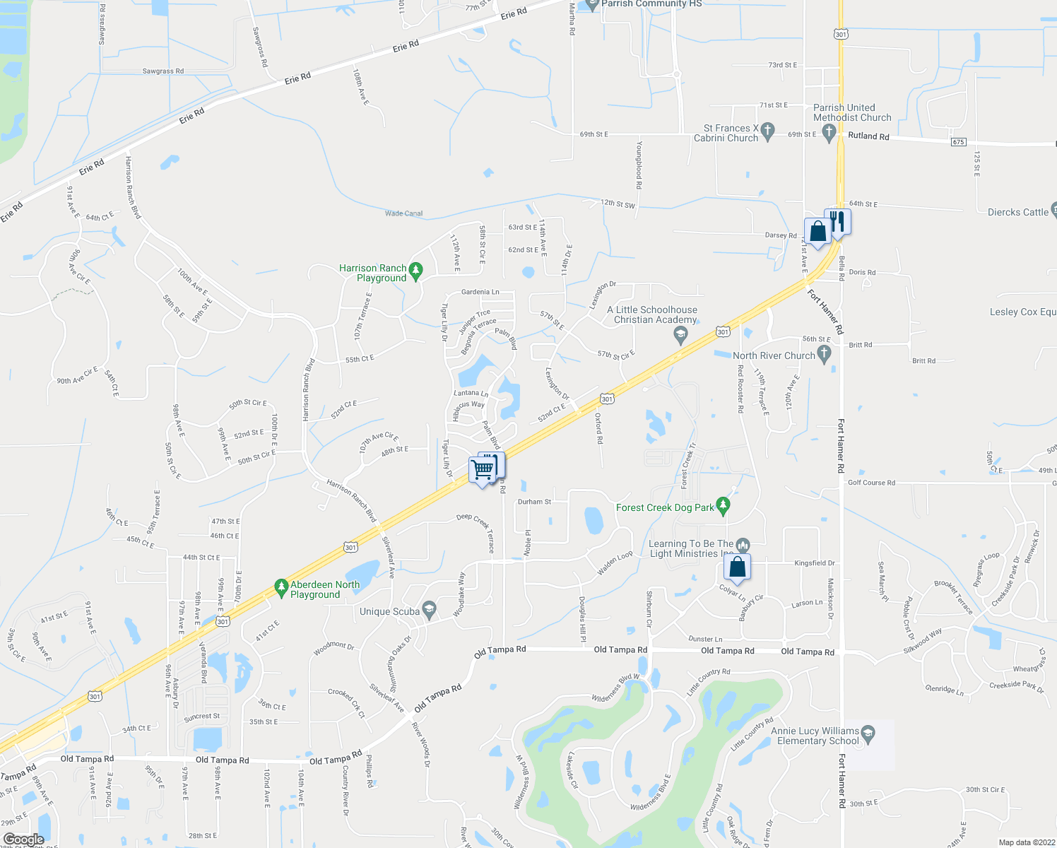 map of restaurants, bars, coffee shops, grocery stores, and more near 10510 52nd Court East in Parrish
