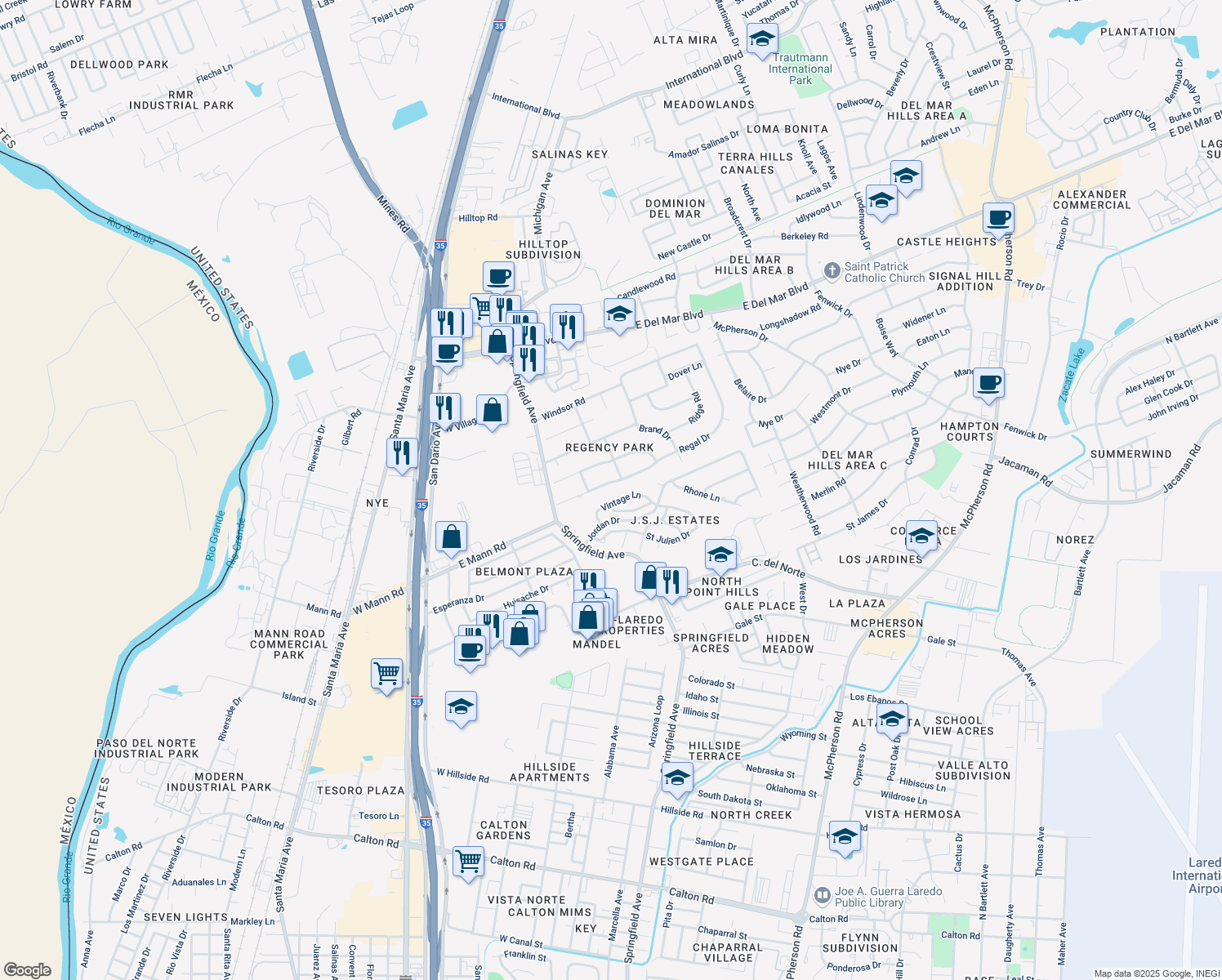map of restaurants, bars, coffee shops, grocery stores, and more near 119 Regal Drive in Laredo