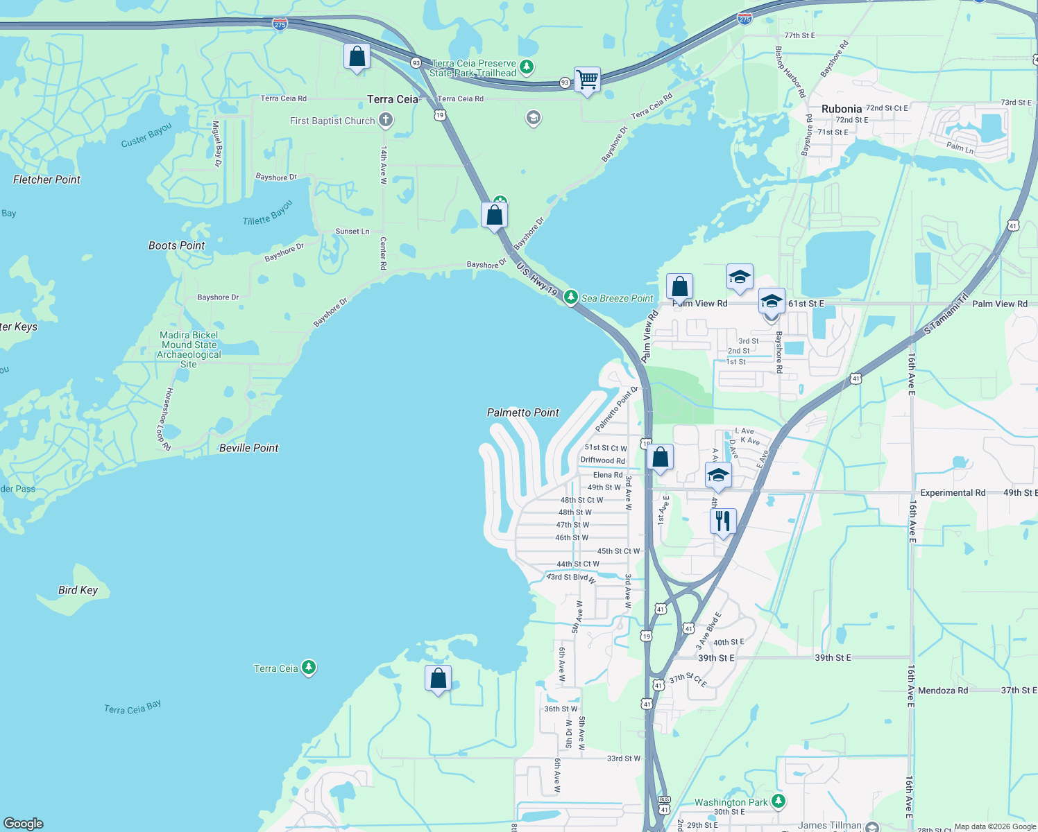 map of restaurants, bars, coffee shops, grocery stores, and more near 5308 Beacon Road in Palmetto