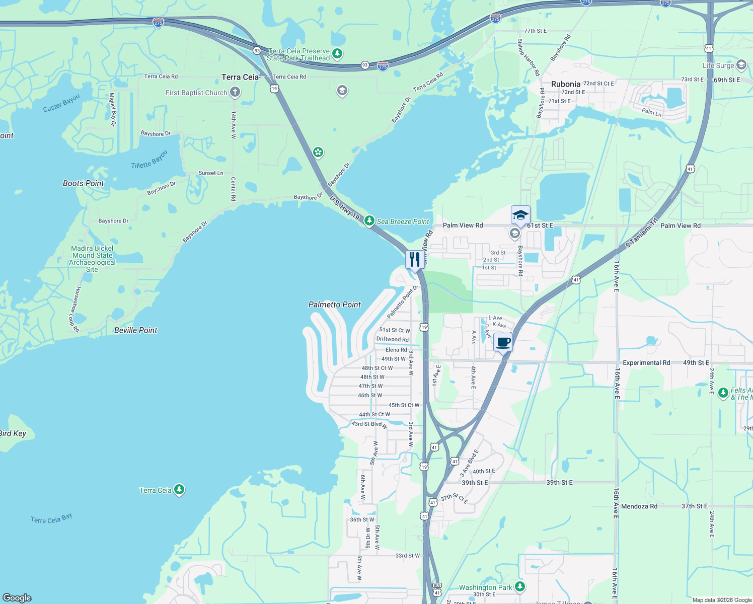 map of restaurants, bars, coffee shops, grocery stores, and more near 5307 Baystate Road in Palmetto