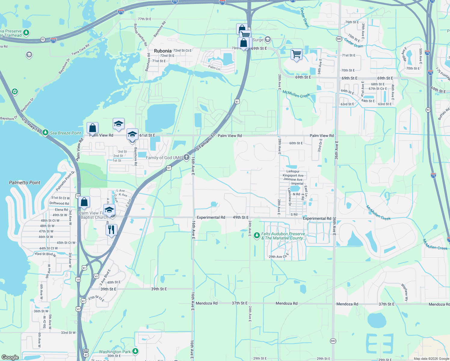 map of restaurants, bars, coffee shops, grocery stores, and more near 2030 Arlye Road in Palmetto