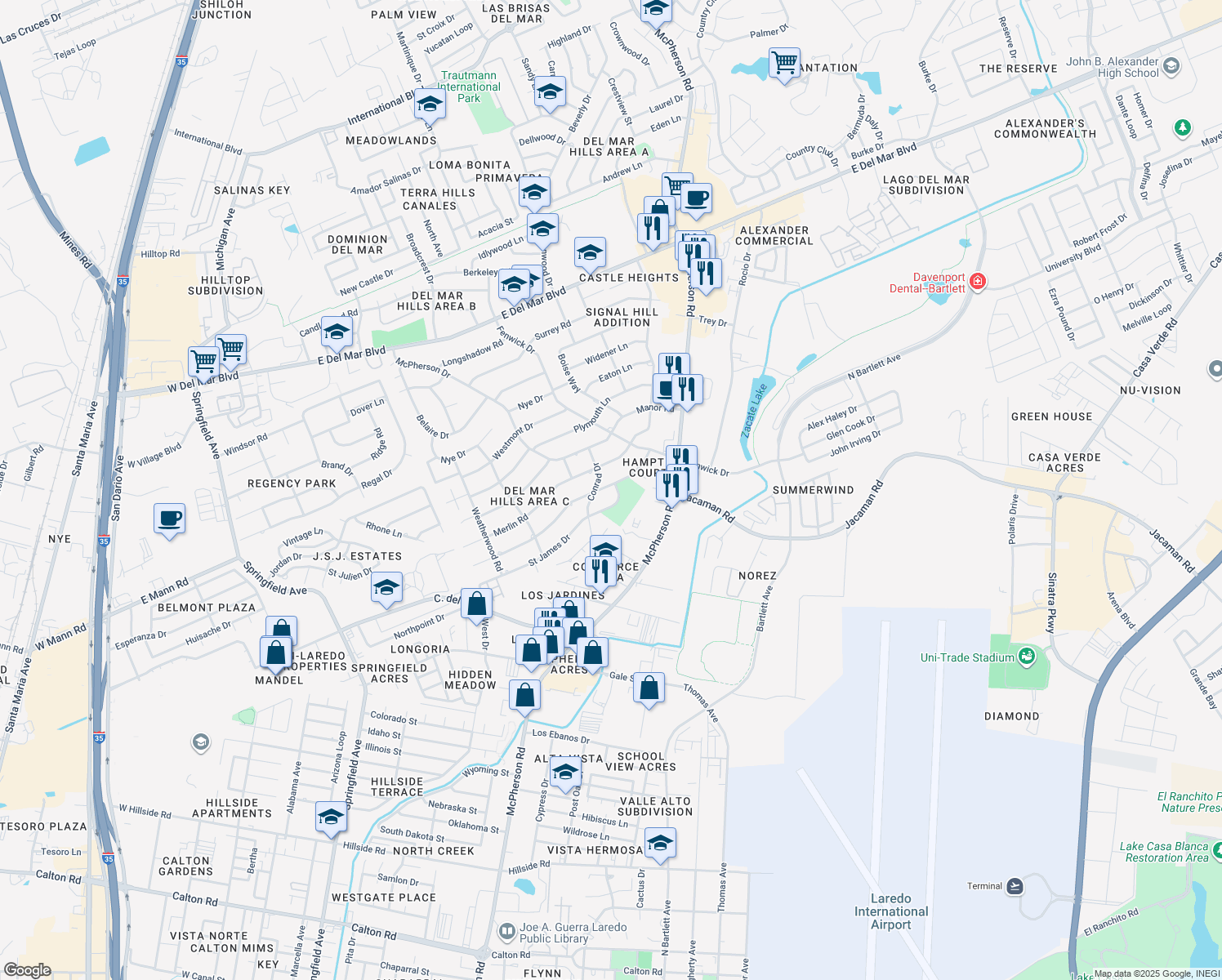 map of restaurants, bars, coffee shops, grocery stores, and more near 417 Martens Drive in Laredo