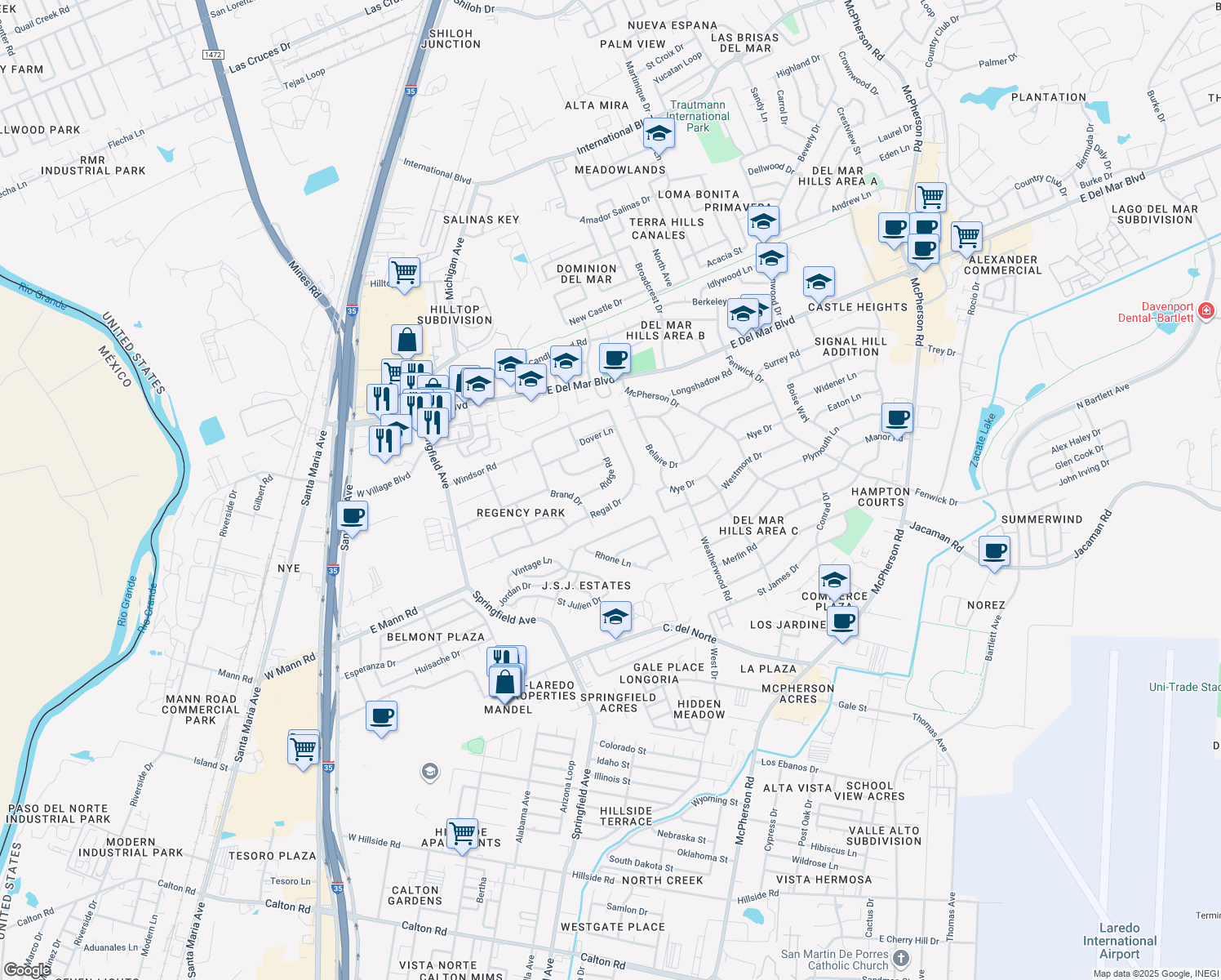 map of restaurants, bars, coffee shops, grocery stores, and more near 309 Ridge Road in Laredo