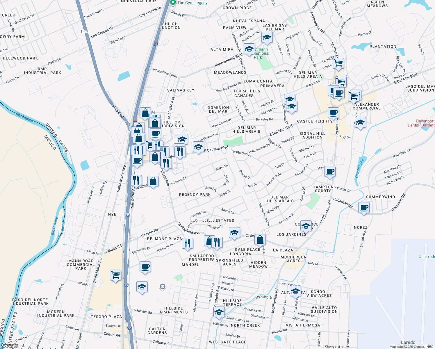 map of restaurants, bars, coffee shops, grocery stores, and more near 315 Stratford Lane in Laredo
