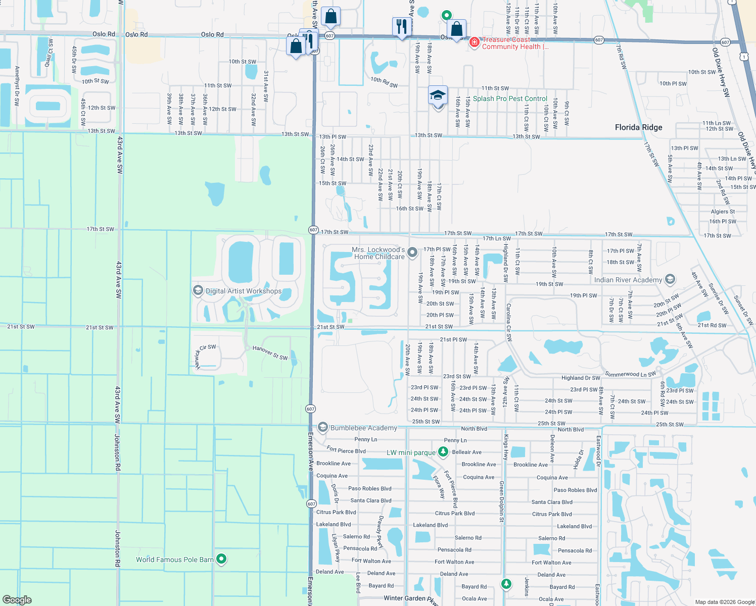 map of restaurants, bars, coffee shops, grocery stores, and more near 2365 Old Raven Lane Southwest in Vero Beach