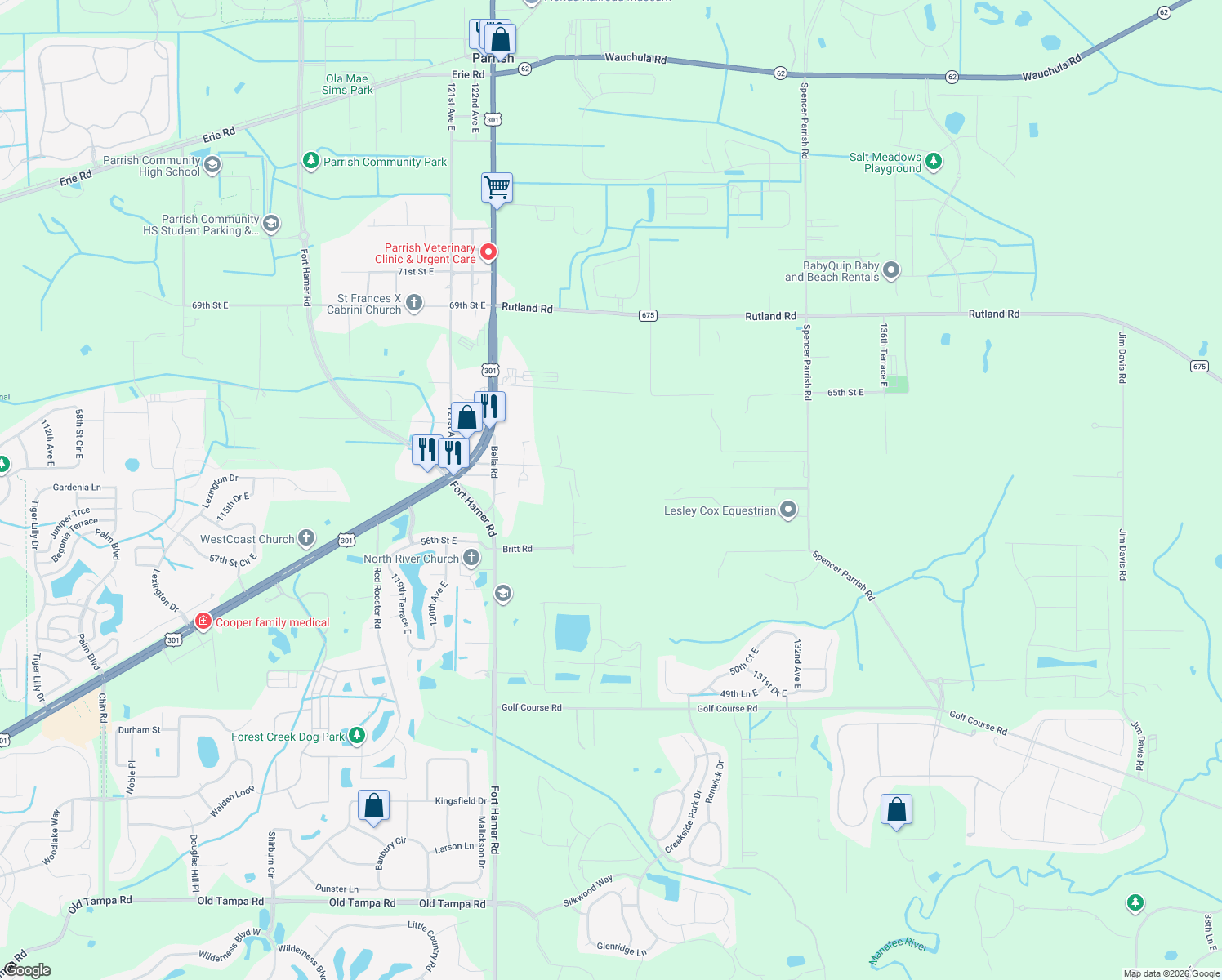 map of restaurants, bars, coffee shops, grocery stores, and more near 12355 Doris Road in Parrish