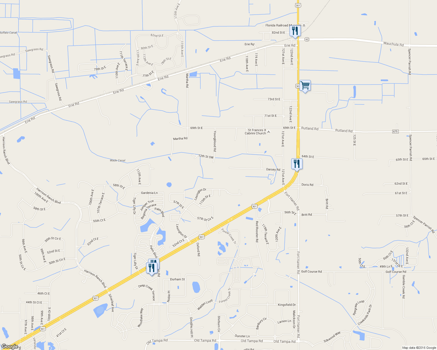 map of restaurants, bars, coffee shops, grocery stores, and more near 11623 Darsey Road in Parrish