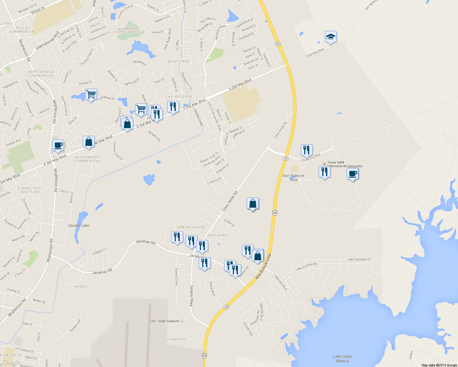 map of restaurants, bars, coffee shops, grocery stores, and more near 3003 Dickinson Drive in Laredo