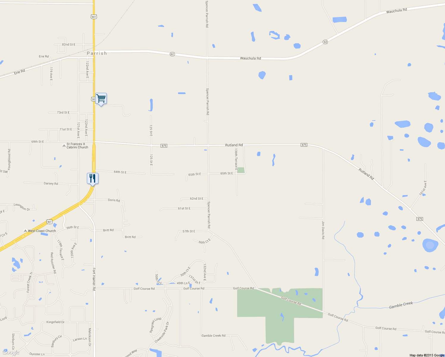 map of restaurants, bars, coffee shops, grocery stores, and more near 13507 65th Street East in Parrish
