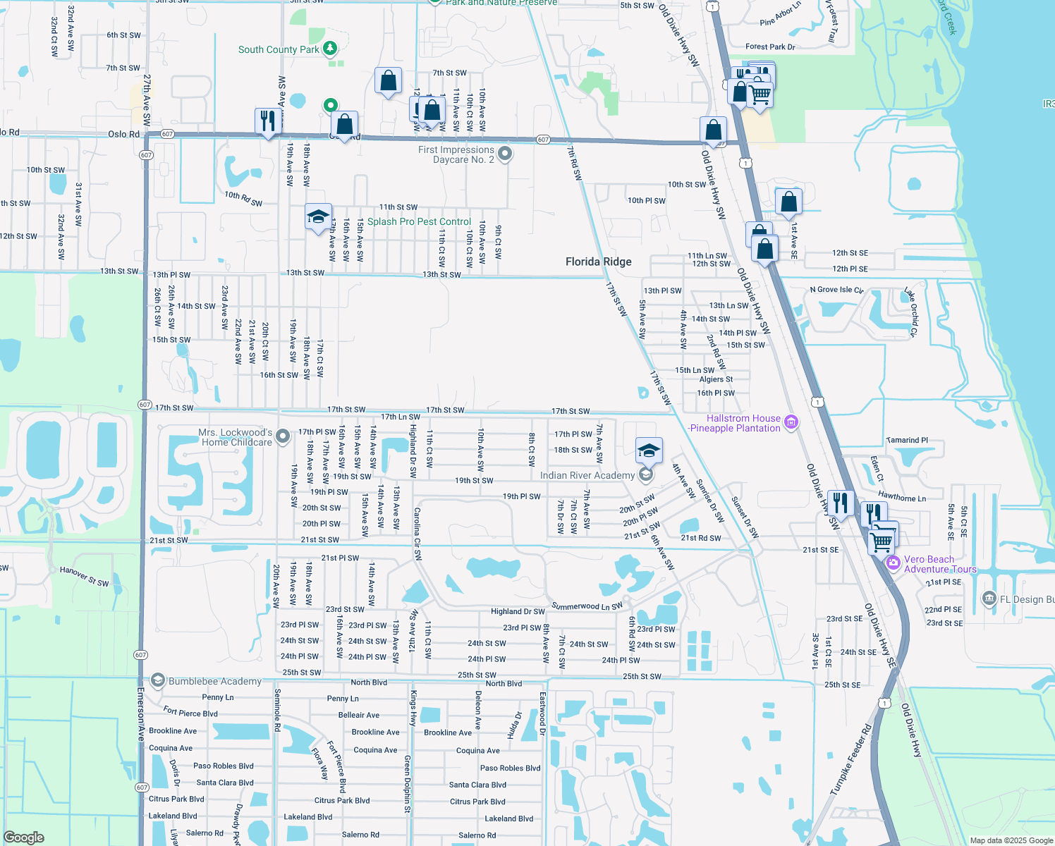 map of restaurants, bars, coffee shops, grocery stores, and more near 835 17th Lane Southwest in Vero Beach