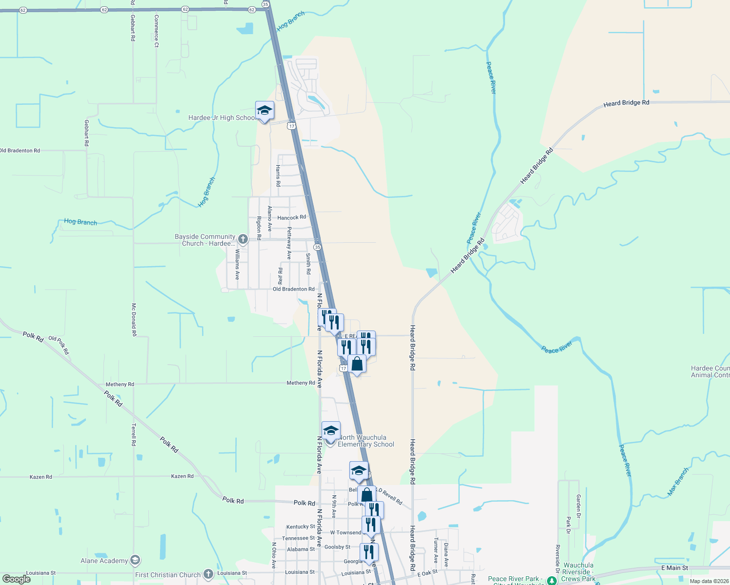 map of restaurants, bars, coffee shops, grocery stores, and more near U.S. 17 in Wauchula