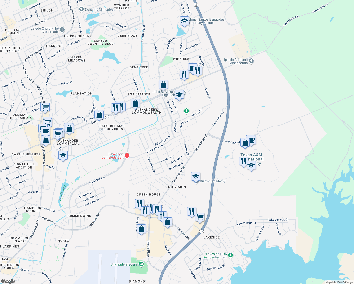 map of restaurants, bars, coffee shops, grocery stores, and more near 3019 Swift Drive in Laredo