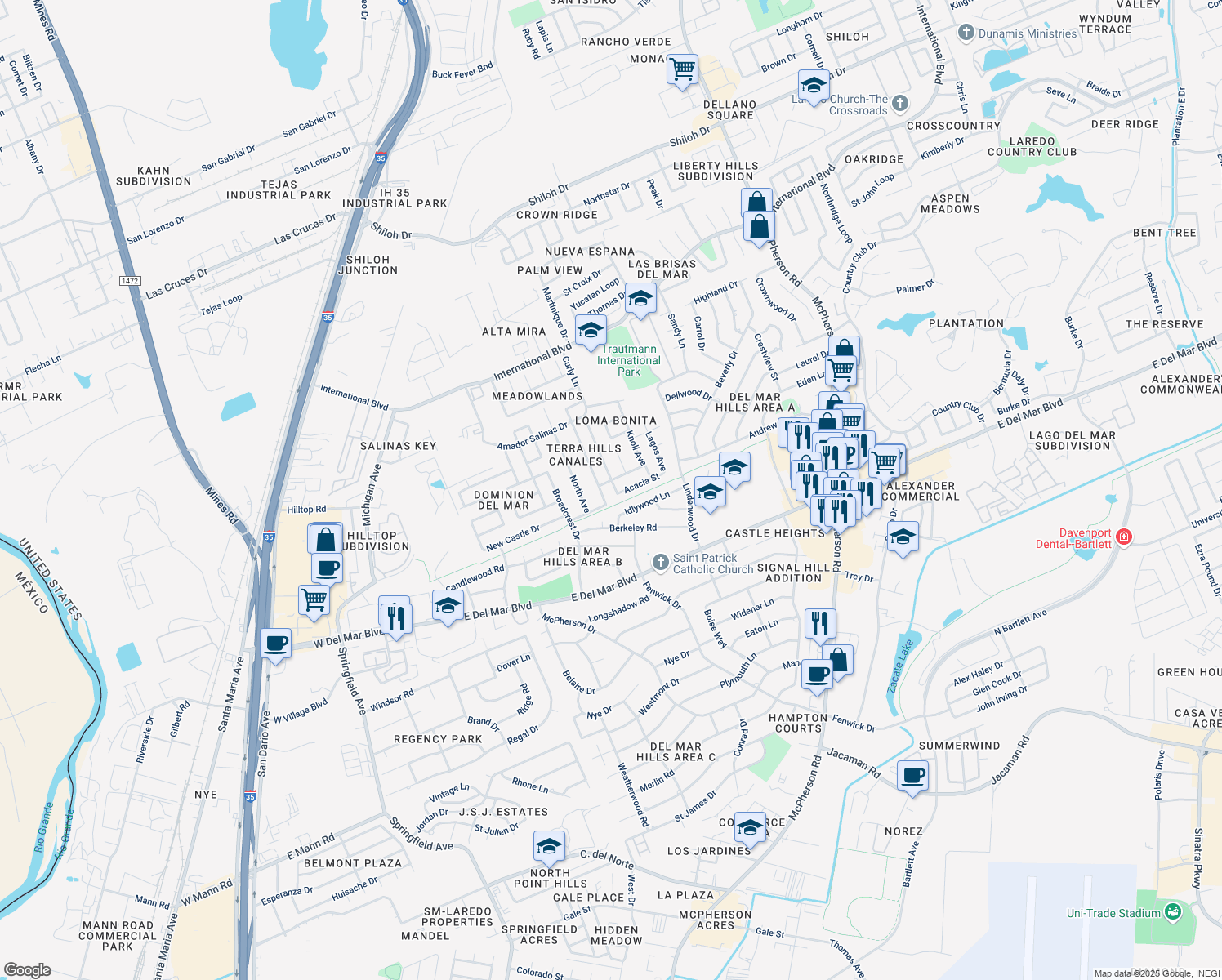 map of restaurants, bars, coffee shops, grocery stores, and more near 86 Grove Avenue in Laredo