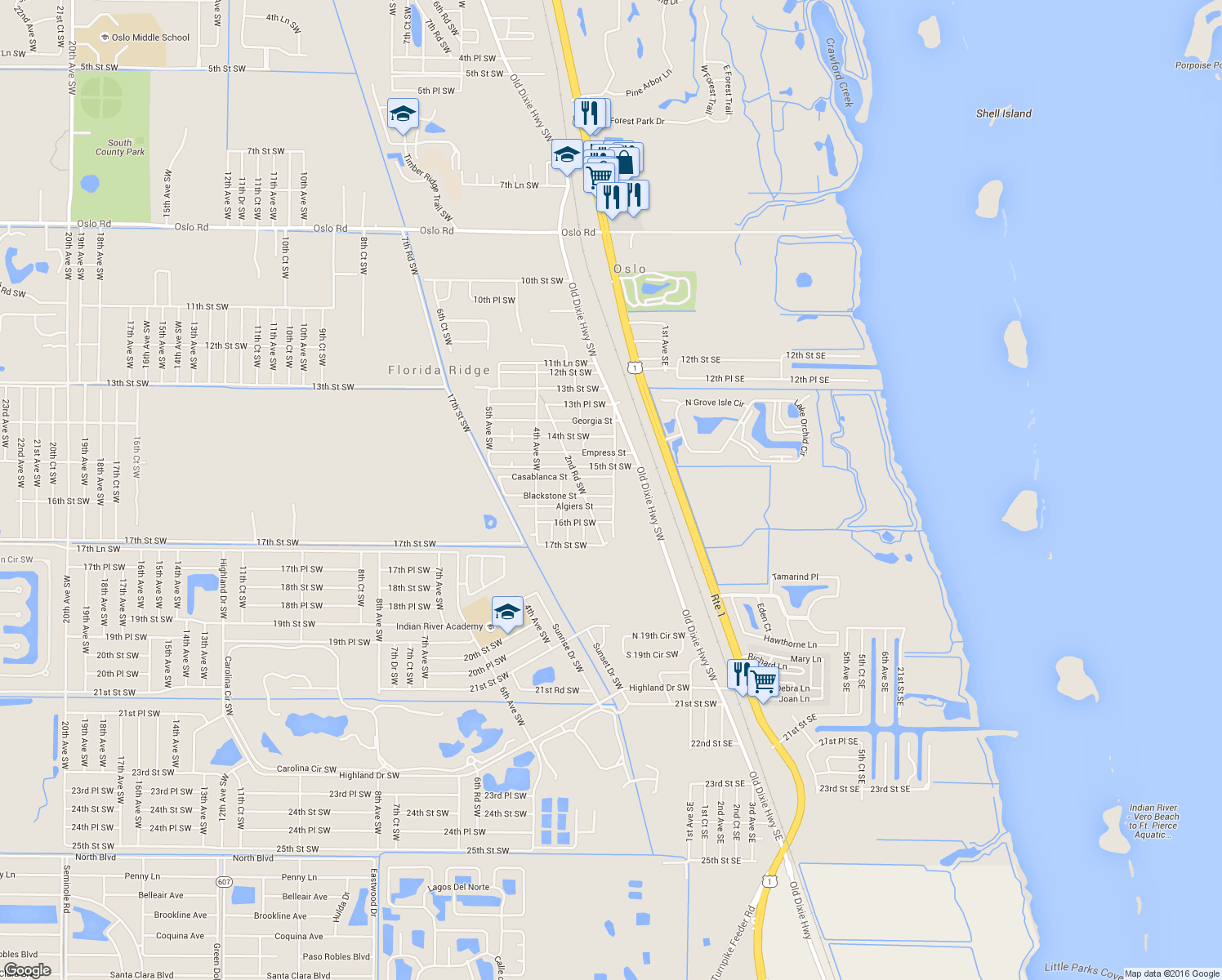 map of restaurants, bars, coffee shops, grocery stores, and more near 204 Blackstone Street in Vero Beach