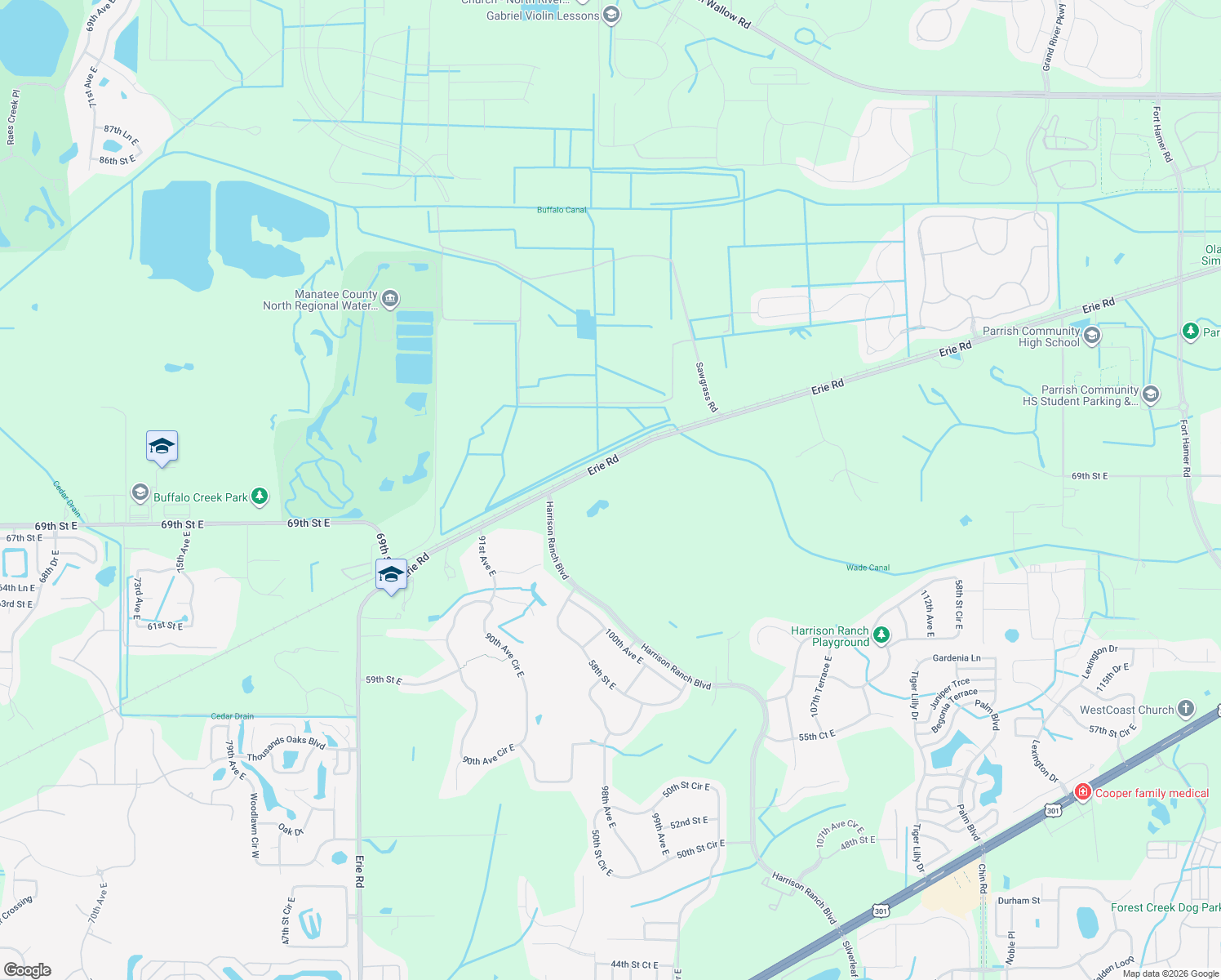map of restaurants, bars, coffee shops, grocery stores, and more near 9625 Erie Road in Parrish