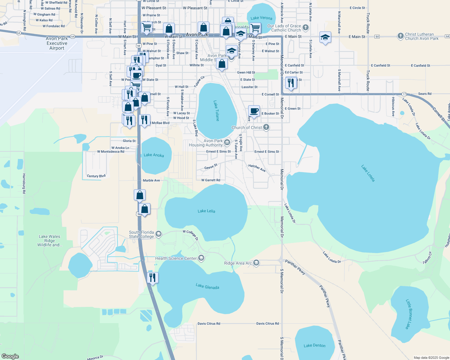 map of restaurants, bars, coffee shops, grocery stores, and more near 200 West Garrett Road in Avon Park