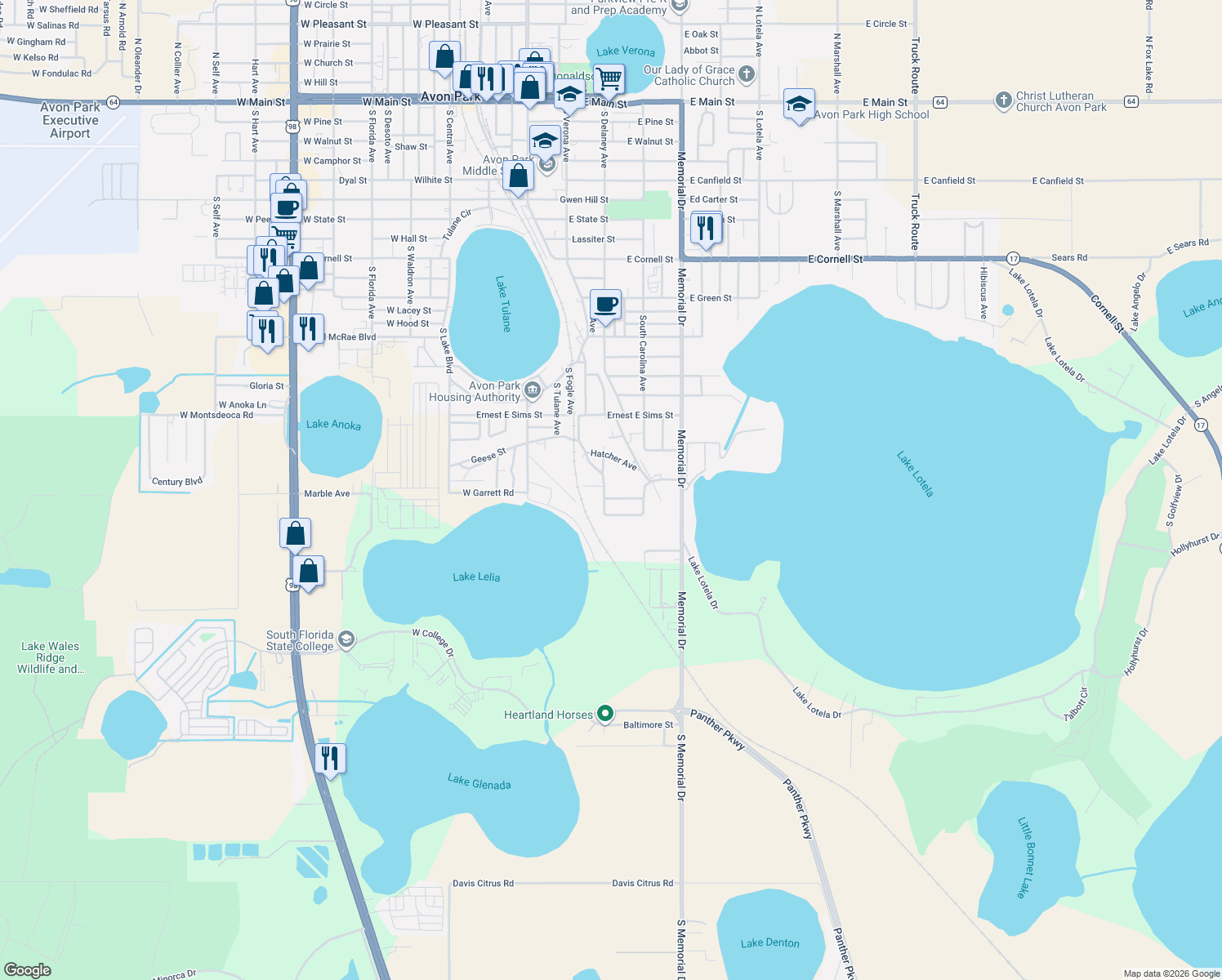 map of restaurants, bars, coffee shops, grocery stores, and more near 200 East Rainbow Street in Avon Park