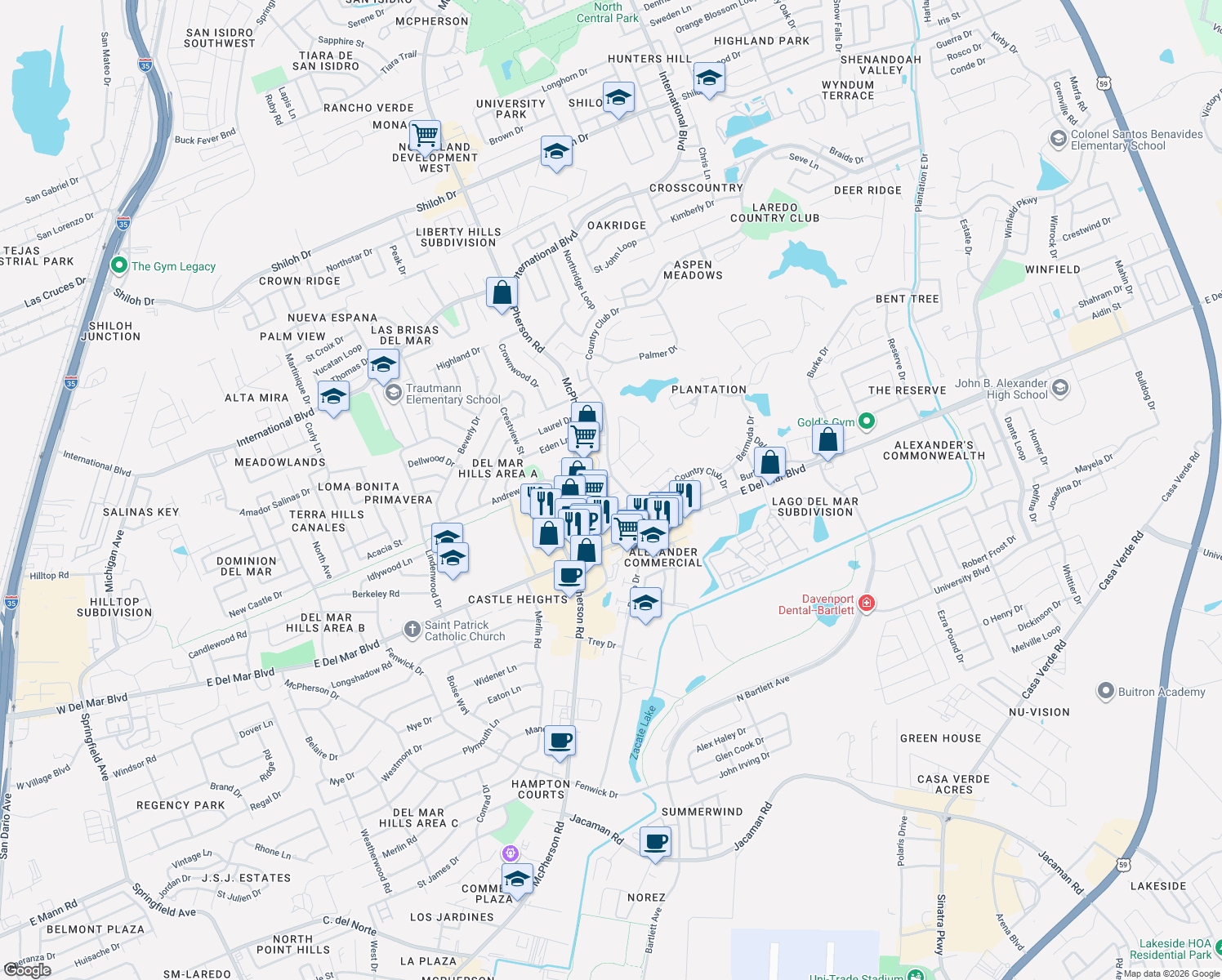 map of restaurants, bars, coffee shops, grocery stores, and more near 8103 Purtzer Dr in Laredo