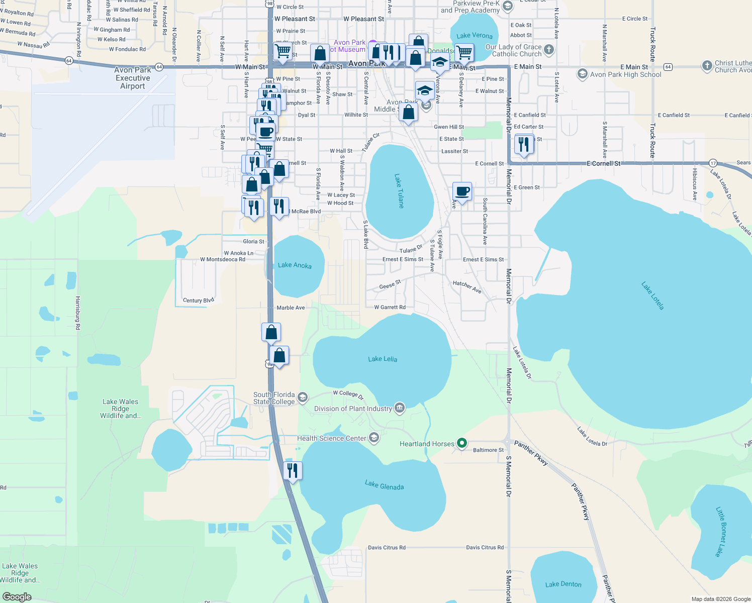map of restaurants, bars, coffee shops, grocery stores, and more near 445 West Gobourne Street in Avon Park