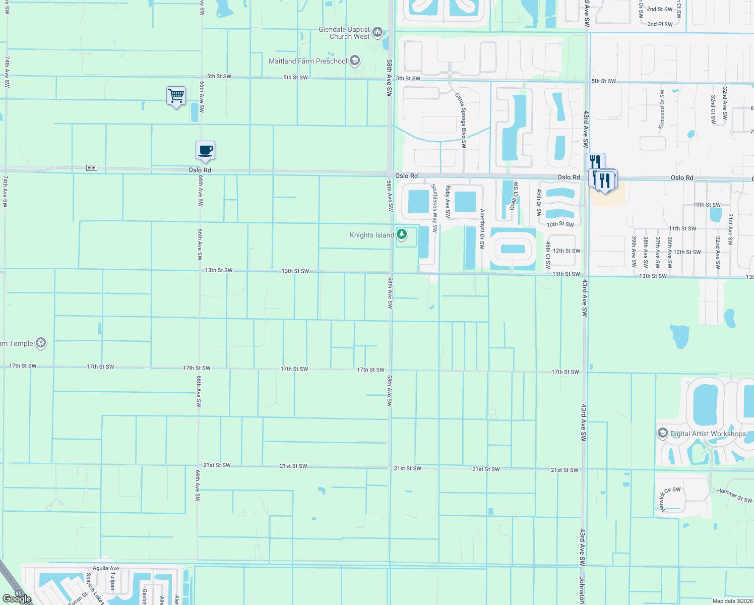 map of restaurants, bars, coffee shops, grocery stores, and more near 1427 58th Avenue Southwest in Vero Beach