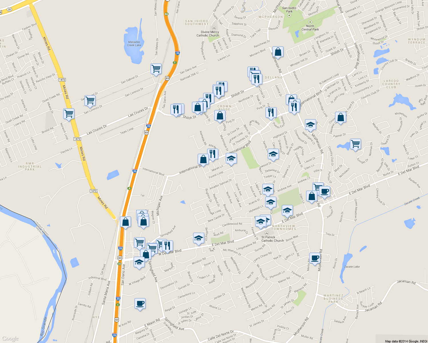 map of restaurants, bars, coffee shops, grocery stores, and more near 613 Marsh Ln in Laredo