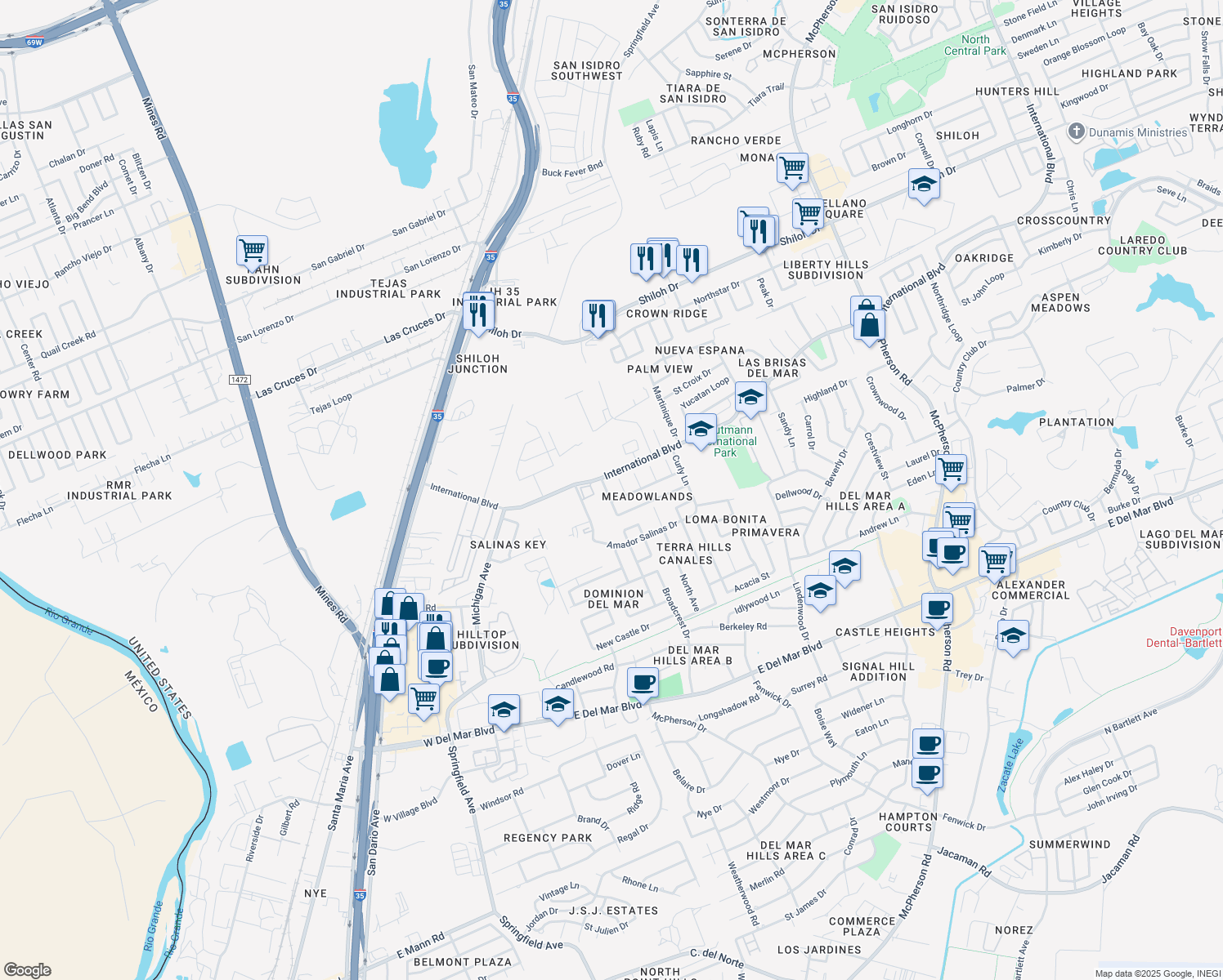map of restaurants, bars, coffee shops, grocery stores, and more near 8505 Forest Loop in Laredo