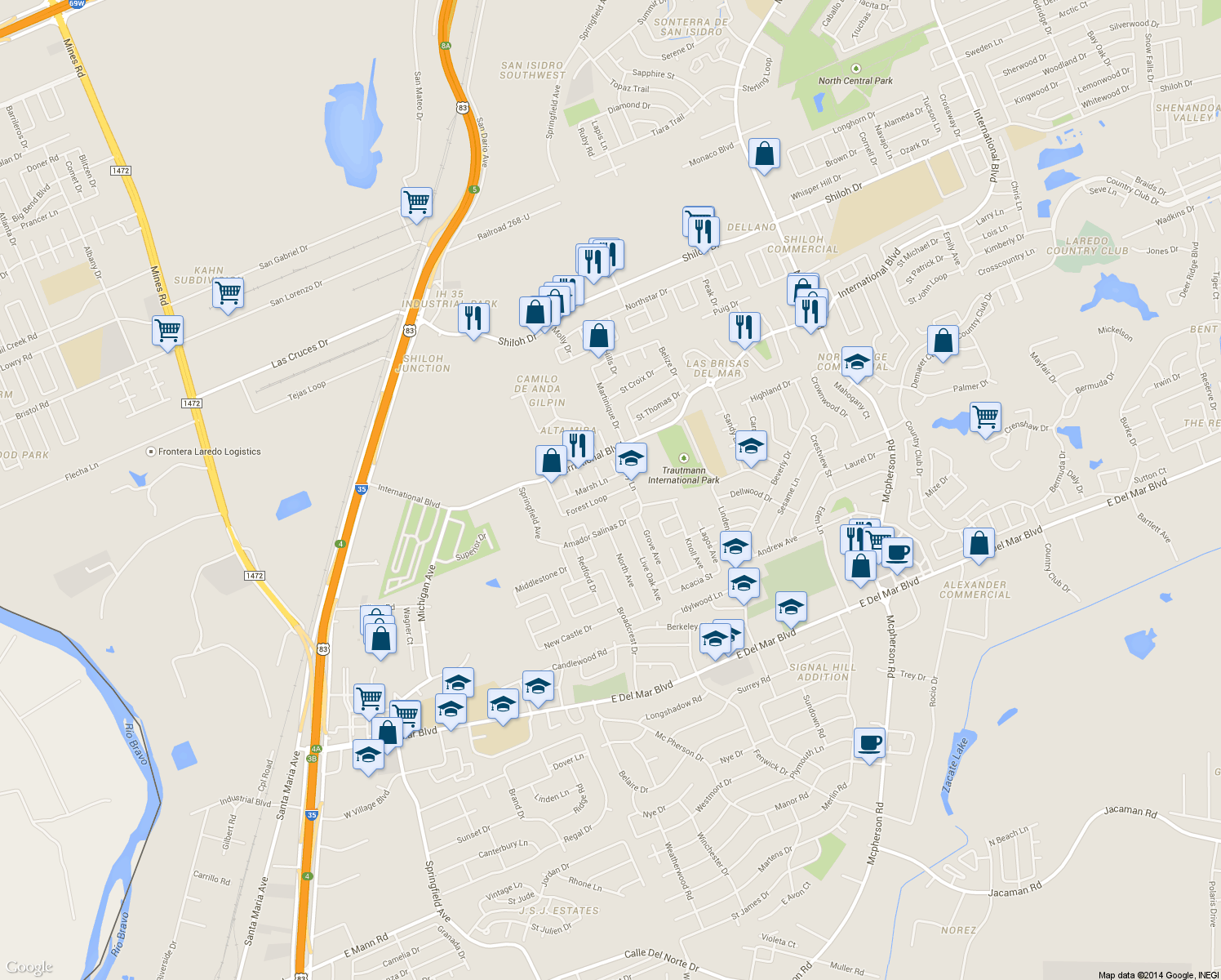 map of restaurants, bars, coffee shops, grocery stores, and more near 630 Forest Loop in Laredo