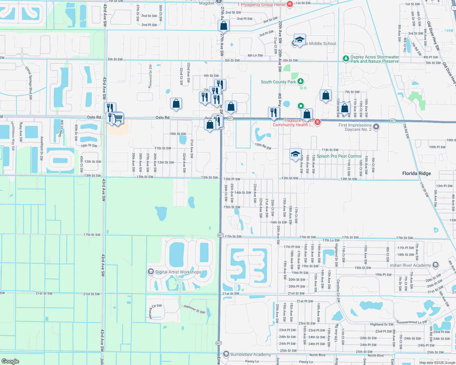 map of restaurants, bars, coffee shops, grocery stores, and more near 1310 26th Court Southwest in Vero Beach