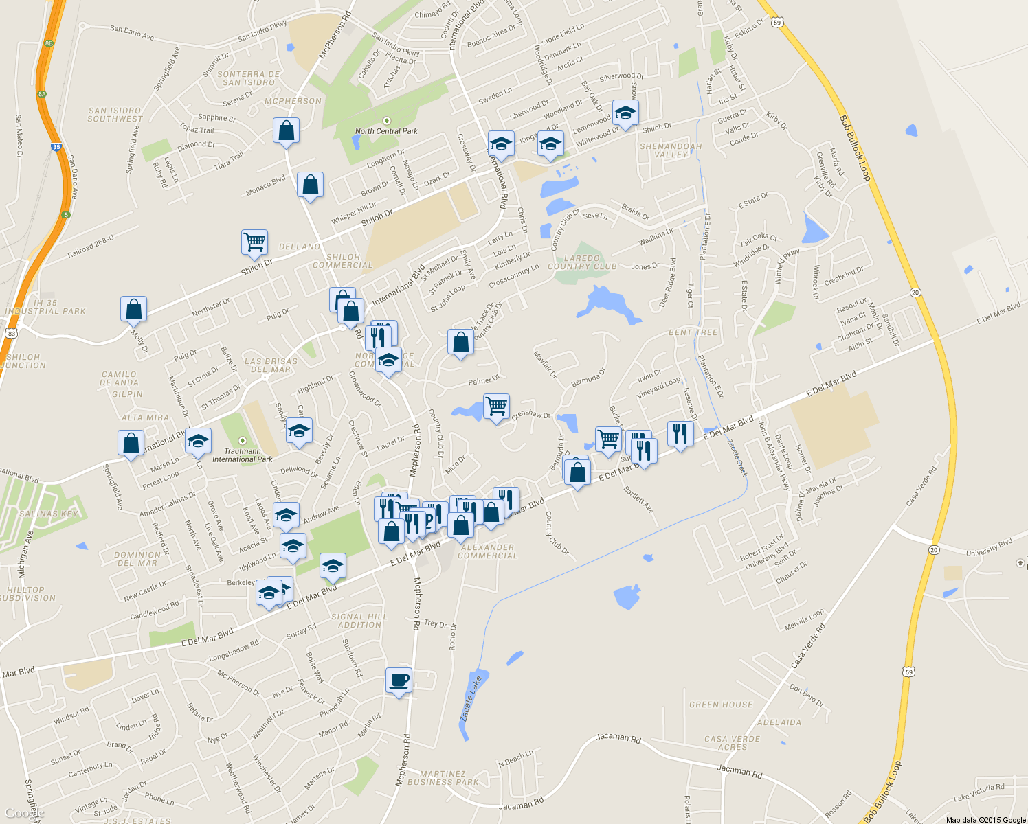 map of restaurants, bars, coffee shops, grocery stores, and more near 121 Crenshaw Dr in Laredo
