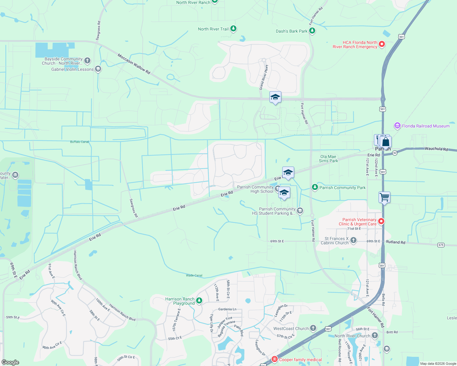 map of restaurants, bars, coffee shops, grocery stores, and more near 11240 77th Street East in Parrish