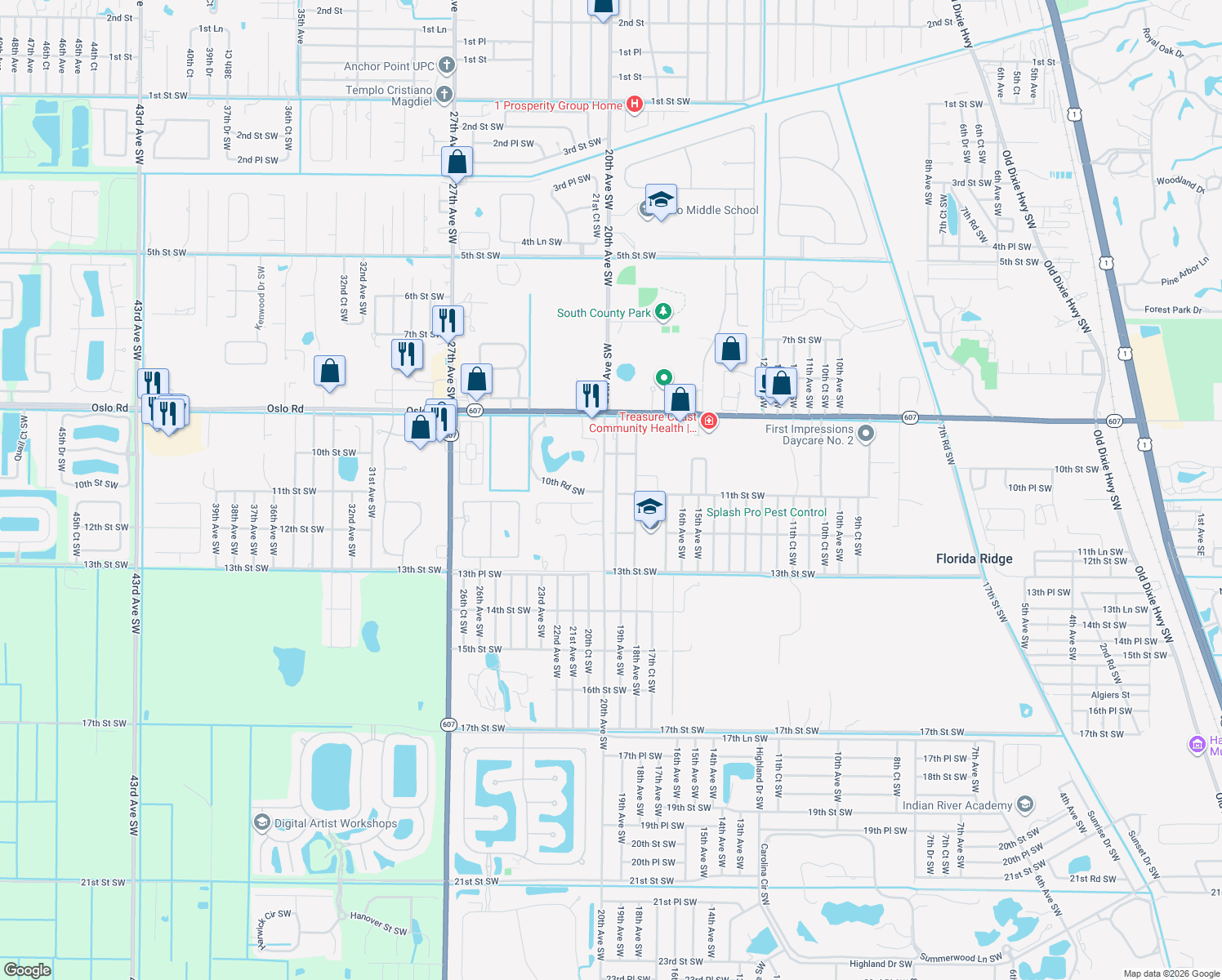 map of restaurants, bars, coffee shops, grocery stores, and more near 1095 19th Avenue Southwest in Vero Beach