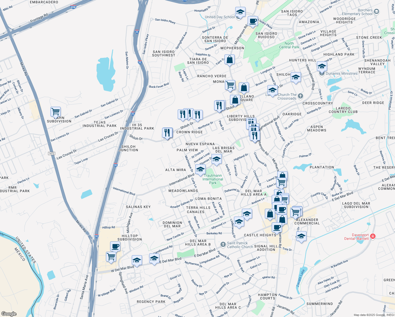 map of restaurants, bars, coffee shops, grocery stores, and more near 412 Yucatan Loop in Laredo