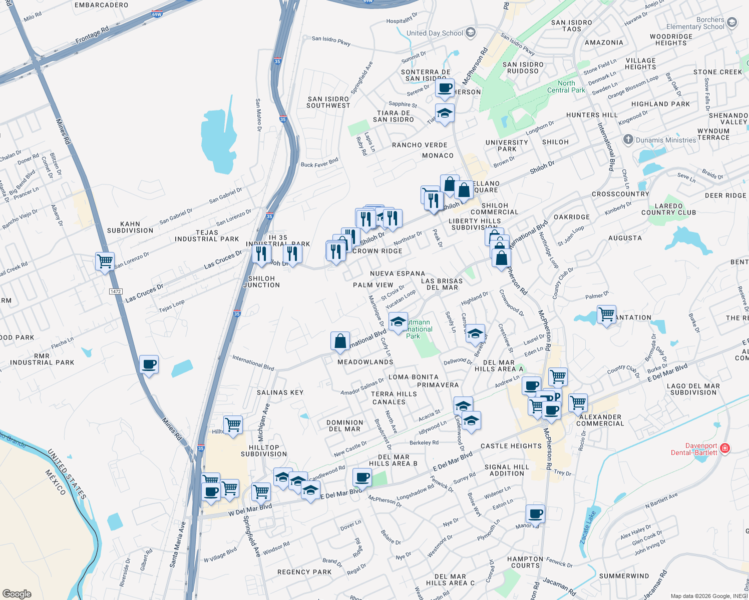 map of restaurants, bars, coffee shops, grocery stores, and more near 402 Saint Croix Drive in Laredo