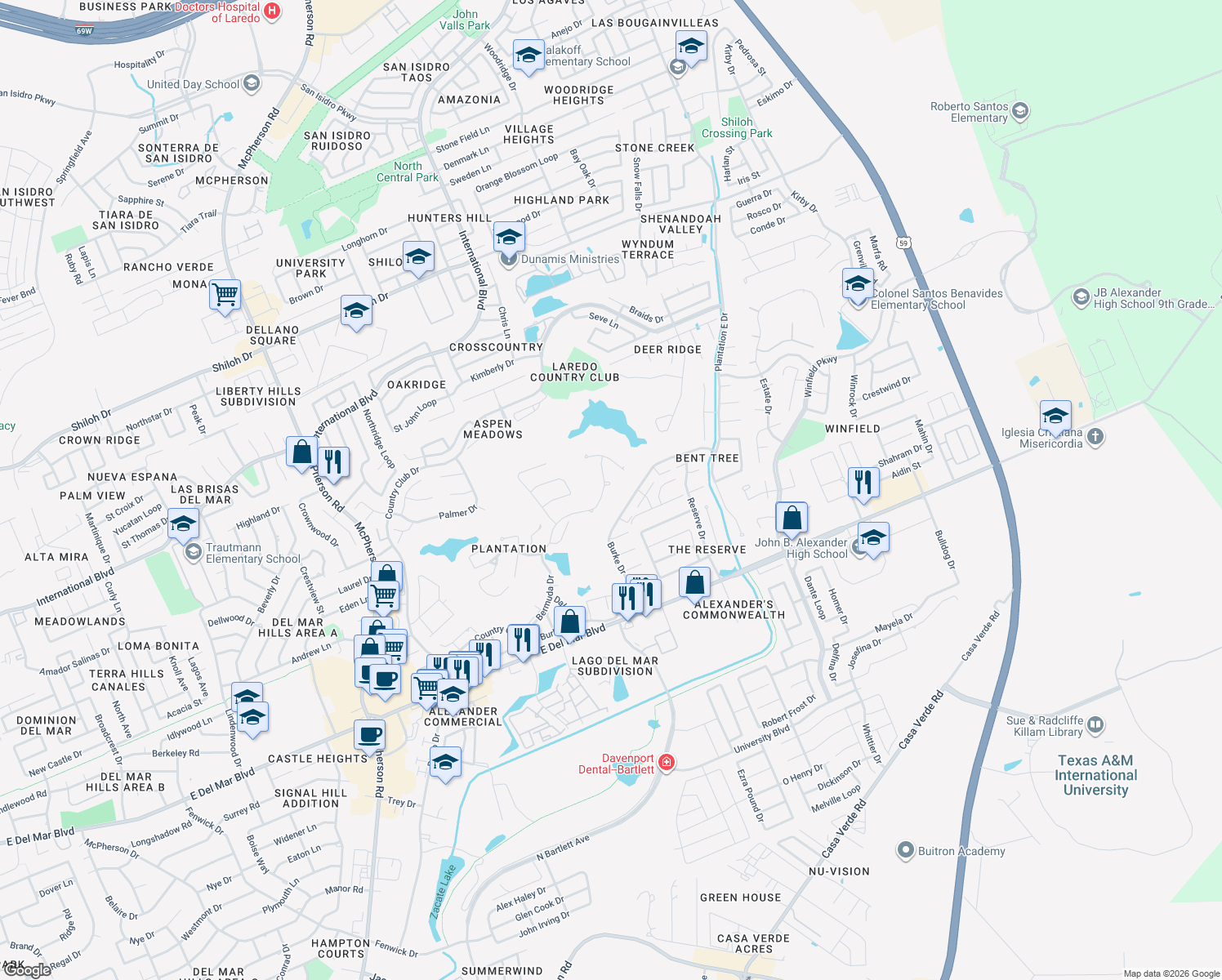 map of restaurants, bars, coffee shops, grocery stores, and more near 2419 Bermuda Drive in Laredo