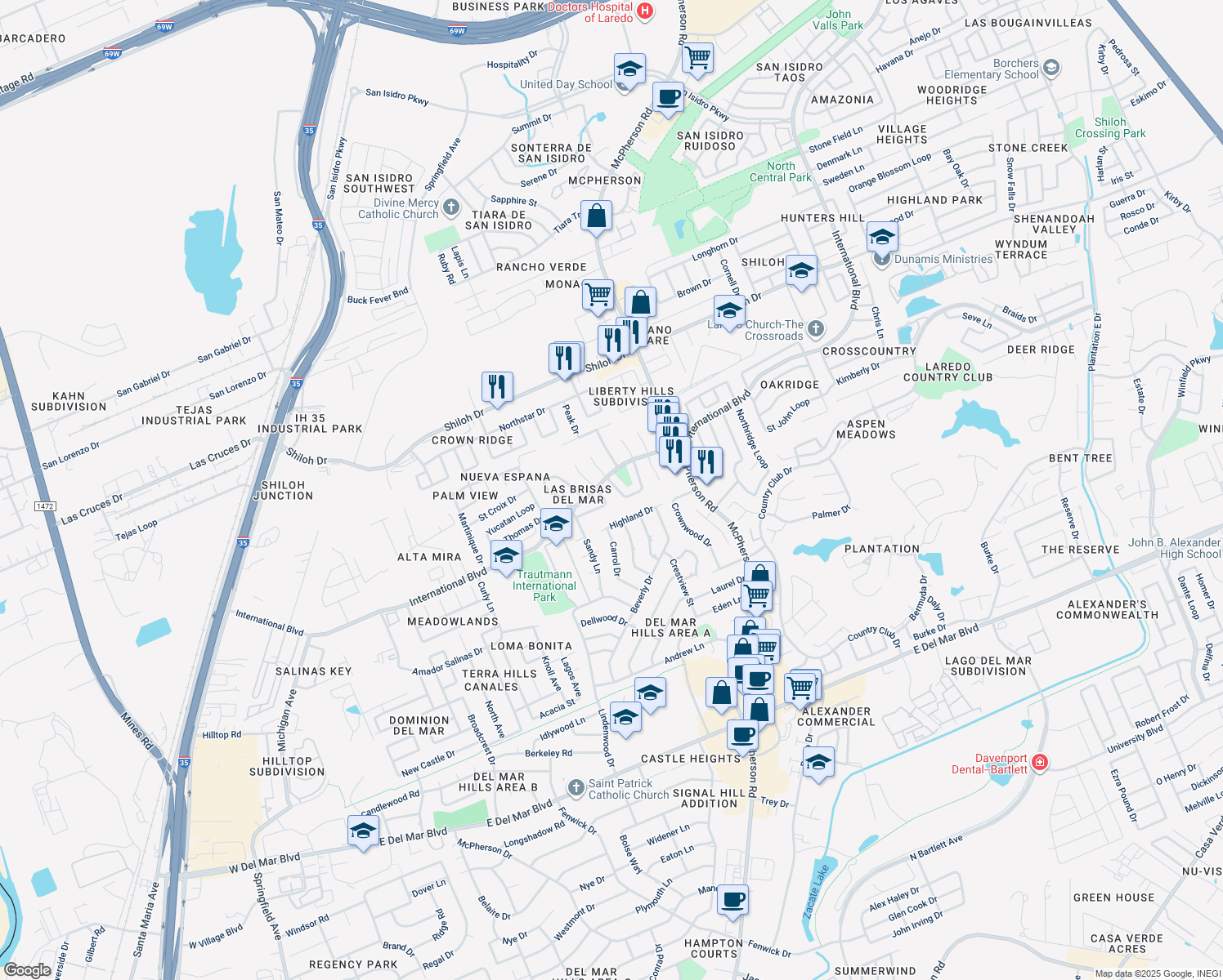 map of restaurants, bars, coffee shops, grocery stores, and more near 8605 Puerto Escondido in Laredo