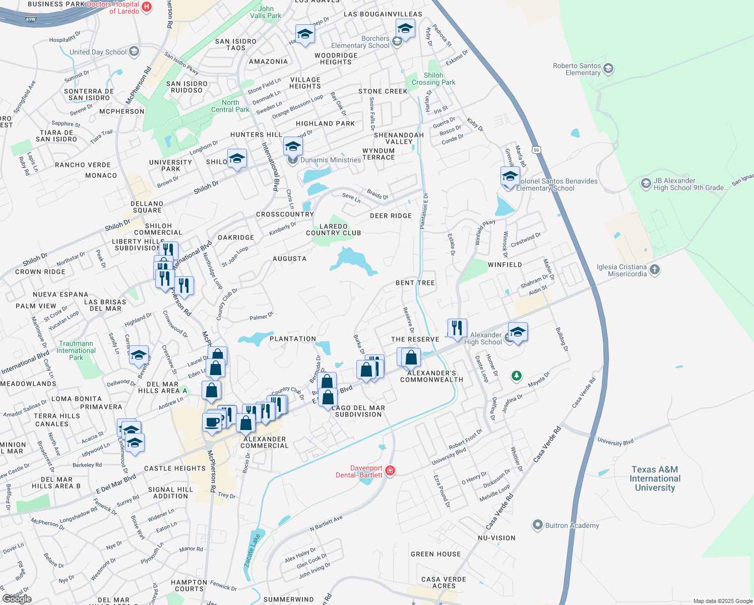 map of restaurants, bars, coffee shops, grocery stores, and more near 2701 Burke Drive in Laredo