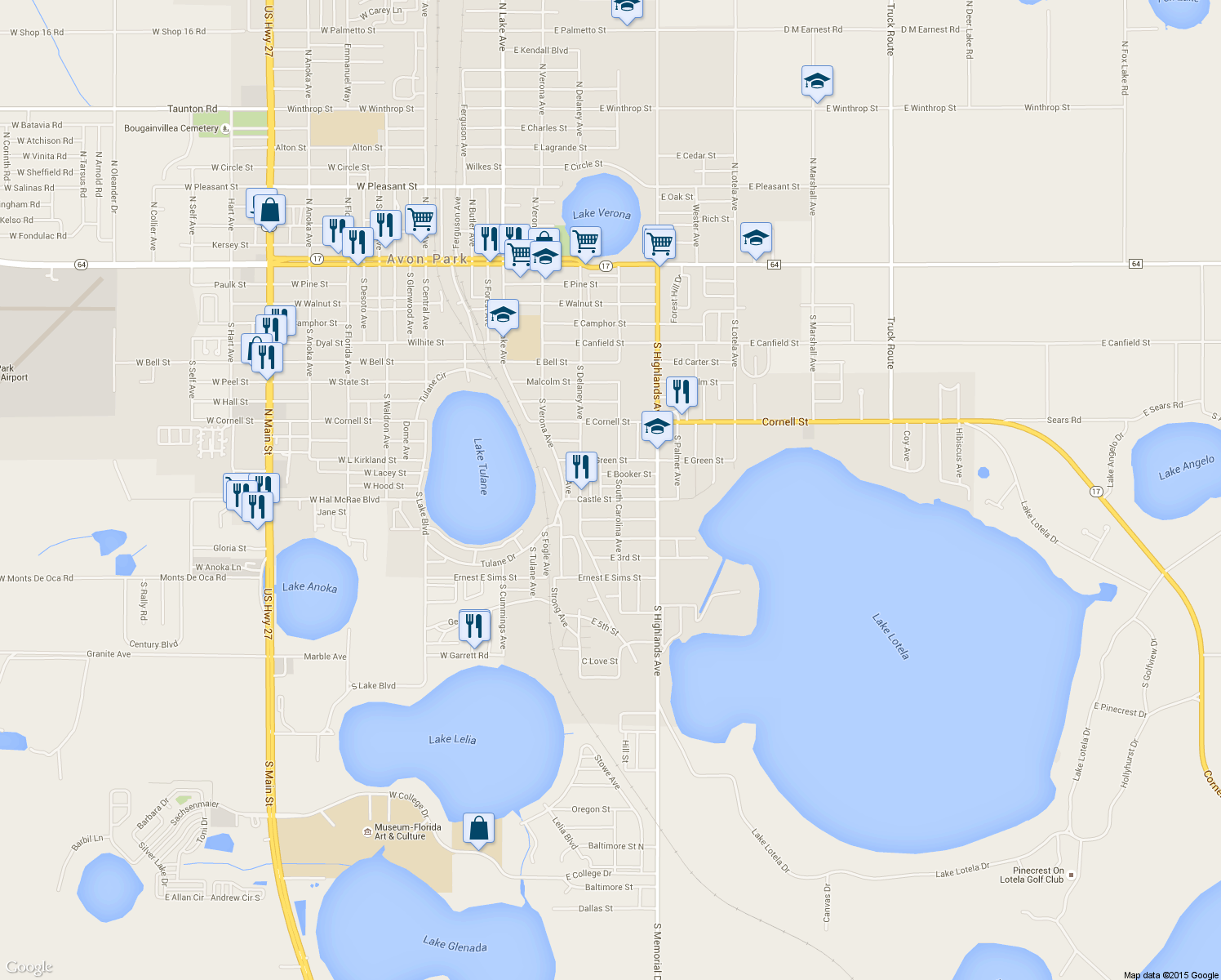 map of restaurants, bars, coffee shops, grocery stores, and more near 214 East Washington Street in Avon Park